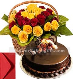 send 1kg Chocolate Cake With Red Yellow Roses Basket delivery